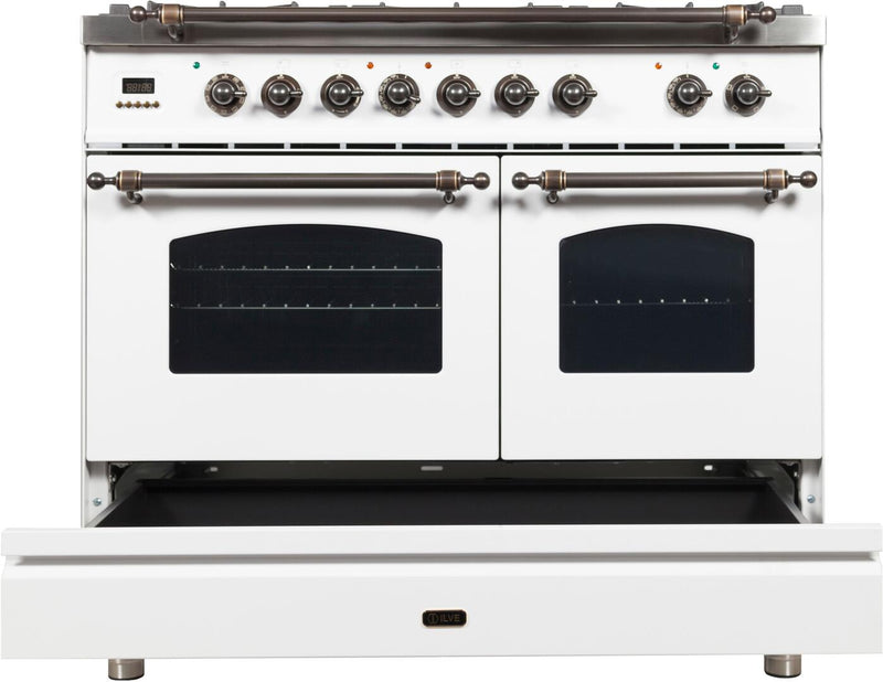 ILVE 40" Nostalgie - Dual Fuel Range with 5 Sealed Brass Burners - 3.55 cu. ft. Oven - Griddle with Bronze Trim in White (UPDN100FDMPBY)