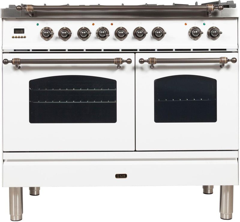 ILVE 40" Nostalgie - Dual Fuel Range with 5 Sealed Brass Burners - 3.55 cu. ft. Oven - Griddle with Bronze Trim in White (UPDN100FDMPBY)