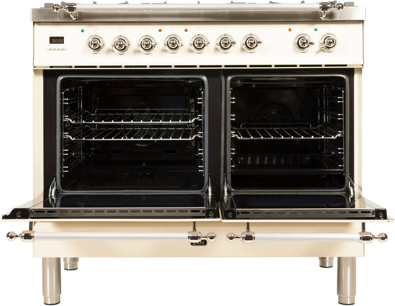 ILVE 40" Nostalgie - Dual Fuel Range with 5 Sealed Brass Burners - 3.55 cu. ft. Oven - Griddle with Chrome Trim in Antique White (UPDN100FDMPAX)