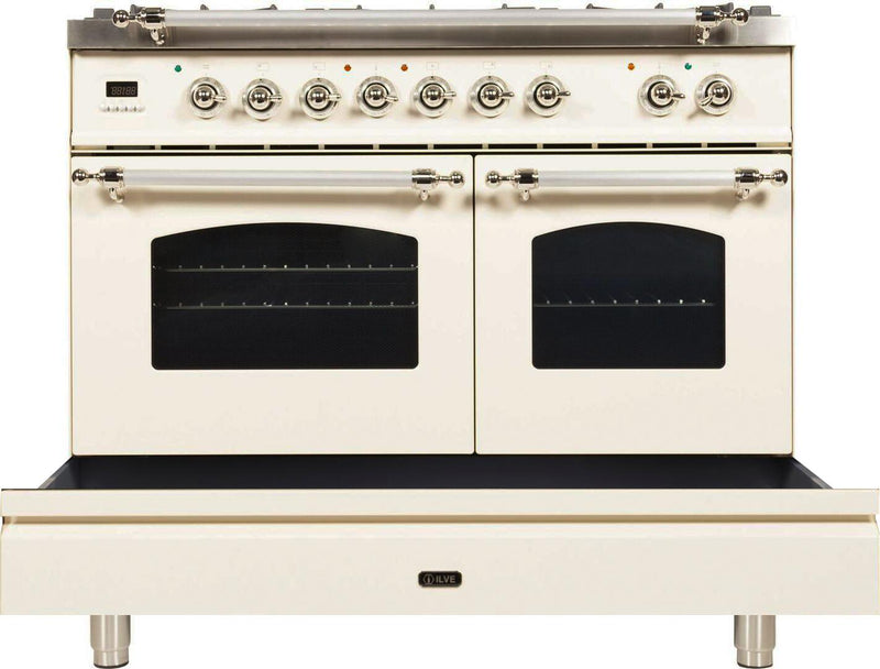 ILVE 40" Nostalgie - Dual Fuel Range with 5 Sealed Brass Burners - 3.55 cu. ft. Oven - Griddle with Chrome Trim in Antique White (UPDN100FDMPAX)