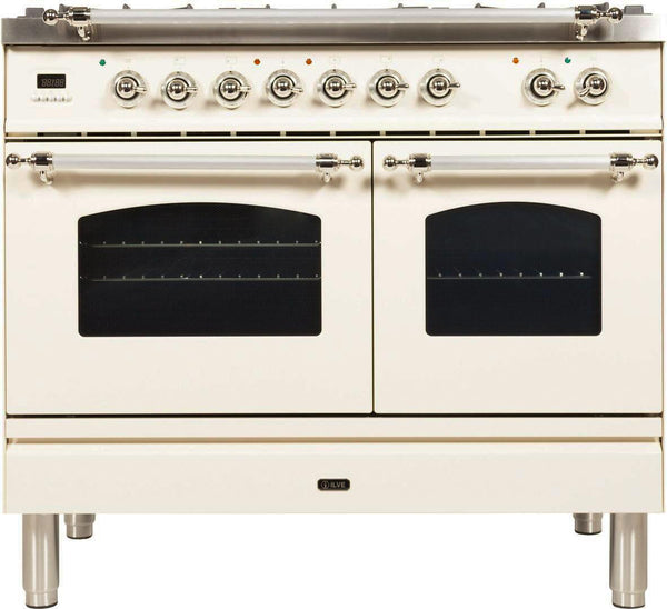 ILVE 40" Nostalgie - Dual Fuel Range with 5 Sealed Brass Burners - 3.55 cu. ft. Oven - Griddle with Chrome Trim in Antique White (UPDN100FDMPAX)