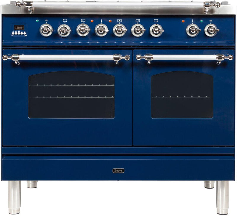 ILVE 40" Nostalgie - Dual Fuel Range with 5 Sealed Brass Burners - 3.55 cu. ft. Oven - Griddle with Chrome Trim in Blue (UPDN100FDMPBLX)