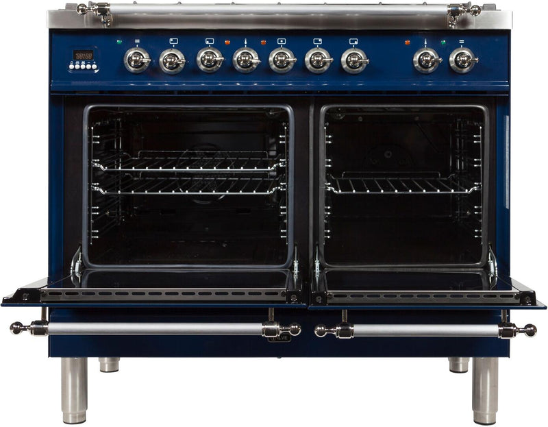 ILVE 40" Nostalgie - Dual Fuel Range with 5 Sealed Brass Burners - 3.55 cu. ft. Oven - Griddle with Chrome Trim in Blue (UPDN100FDMPBLX)