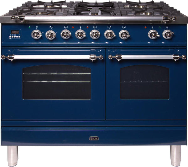 ILVE 40" Nostalgie - Dual Fuel Range with 5 Sealed Brass Burners - 3.55 cu. ft. Oven - Griddle with Chrome Trim in Blue (UPDN100FDMPBLX)