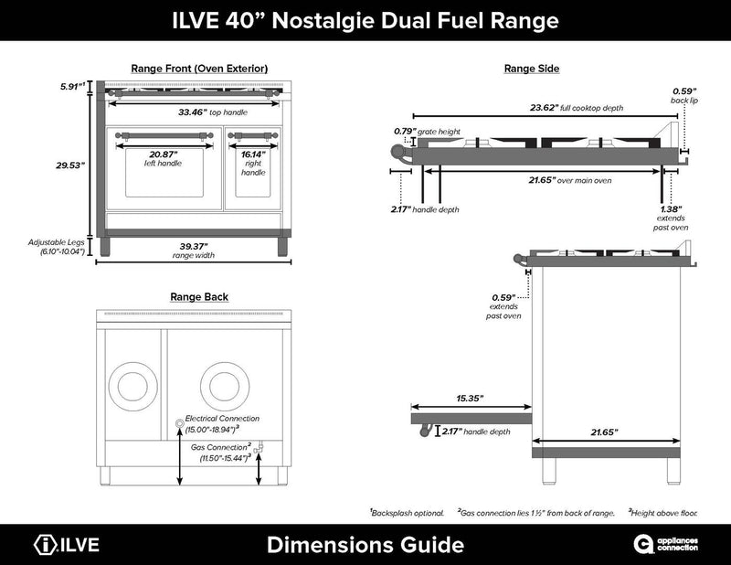 ILVE 40" Nostalgie - Dual Fuel Range with 5 Sealed Brass Burners - 3.55 cu. ft. Oven - Griddle with Chrome Trim in Burgundy (UPDN100FDMPRBX)