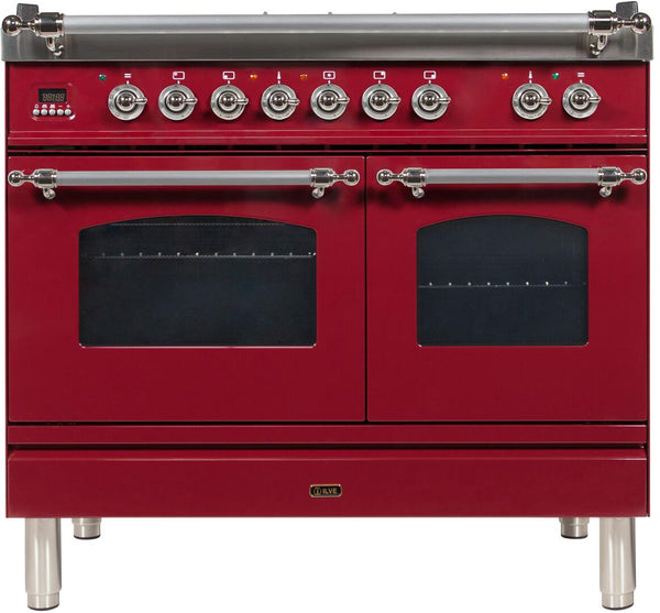 ILVE 40" Nostalgie - Dual Fuel Range with 5 Sealed Brass Burners - 3.55 cu. ft. Oven - Griddle with Chrome Trim in Burgundy (UPDN100FDMPRBX)