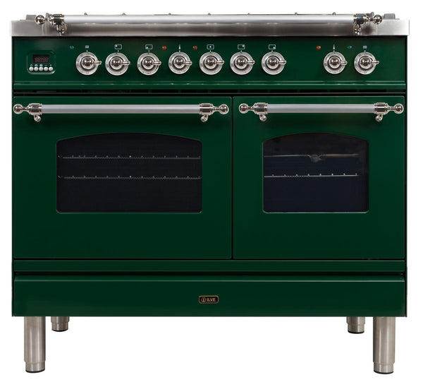 ILVE 40" Nostalgie - Dual Fuel Range with 5 Sealed Brass Burners - 3.55 cu. ft. Oven - Griddle with Chrome Trim in Emerald Green (UPDN100FDMPVSX)