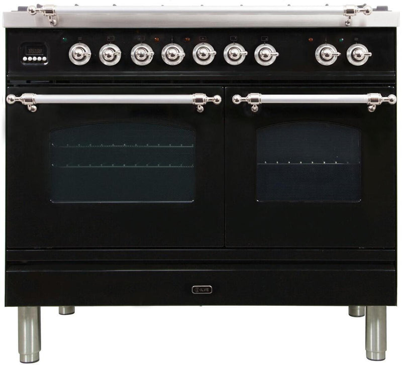 ILVE 40" Nostalgie - Dual Fuel Range with 5 Sealed Brass Burners - 3.55 cu. ft. Oven - Griddle with Chrome Trim in Glossy Black (UPDN100FDMPNX)