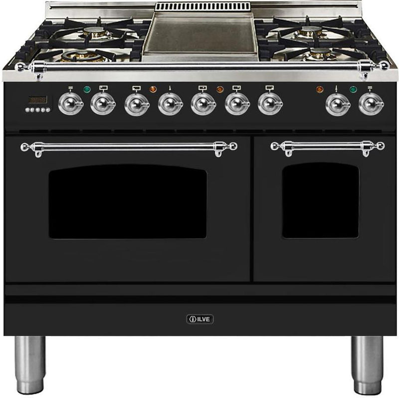 ILVE 40" Nostalgie - Dual Fuel Range with 5 Sealed Brass Burners - 3.55 cu. ft. Oven - Griddle with Chrome Trim in Matte Graphite (UPDN100FDMPMX)