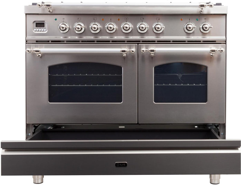 ILVE 40" Nostalgie - Dual Fuel Range with 5 Sealed Brass Burners - 3.55 cu. ft. Oven - Griddle with Chrome Trim in Stainless Steel (UPDN100FDMPIX)