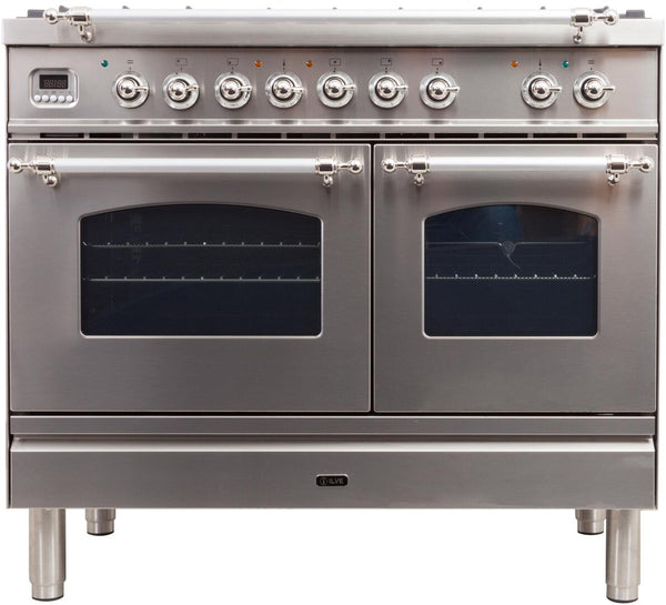 ILVE 40" Nostalgie - Dual Fuel Range with 5 Sealed Brass Burners - 3.55 cu. ft. Oven - Griddle with Chrome Trim in Stainless Steel (UPDN100FDMPIX)