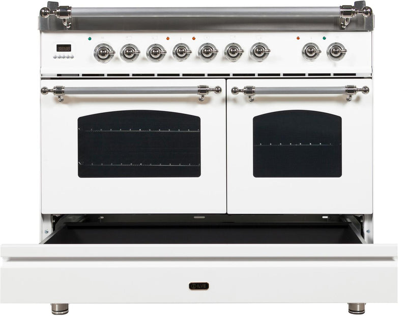 ILVE 40" Nostalgie - Dual Fuel Range with 5 Sealed Brass Burners - 3.55 cu. ft. Oven - Griddle with Chrome Trim in White (UPDN100FDMPBX)