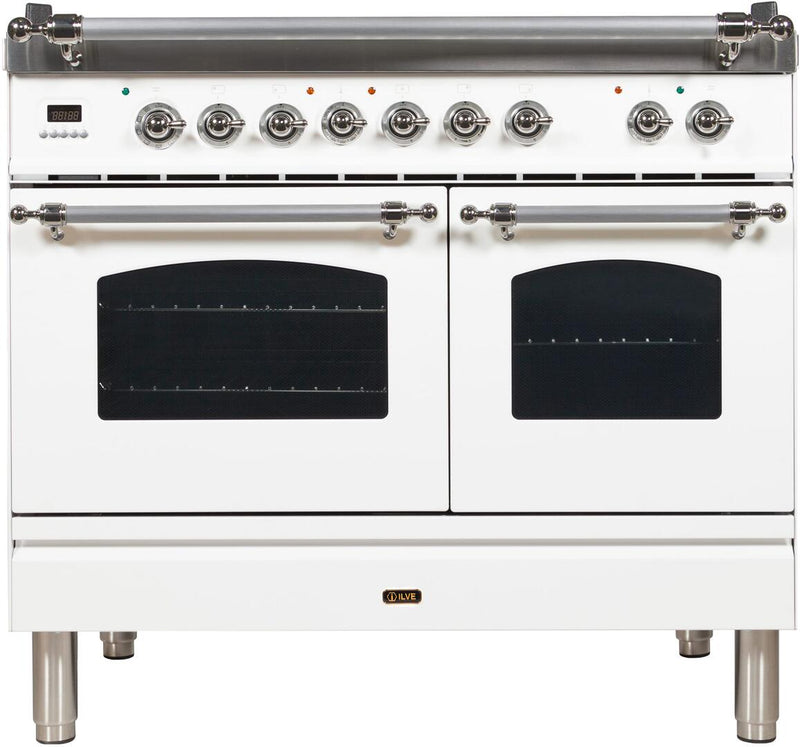 ILVE 40" Nostalgie - Dual Fuel Range with 5 Sealed Brass Burners - 3.55 cu. ft. Oven - Griddle with Chrome Trim in White (UPDN100FDMPBX)