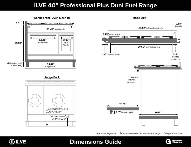 ILVE 40" Professional Plus - Dual Fuel Range with 2 Ovens - 6 Sealed Burners - 4 cu. ft. Oven in Matte Graphite (UPDW1006DMPM)