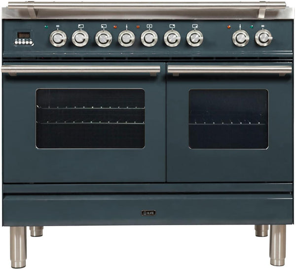 ILVE 40" Professional Plus Series Freestanding Double Oven Dual Fuel Range with 6 Sealed Burners in Blue Grey with Chrome Trim (UPDW1006DMPGU)