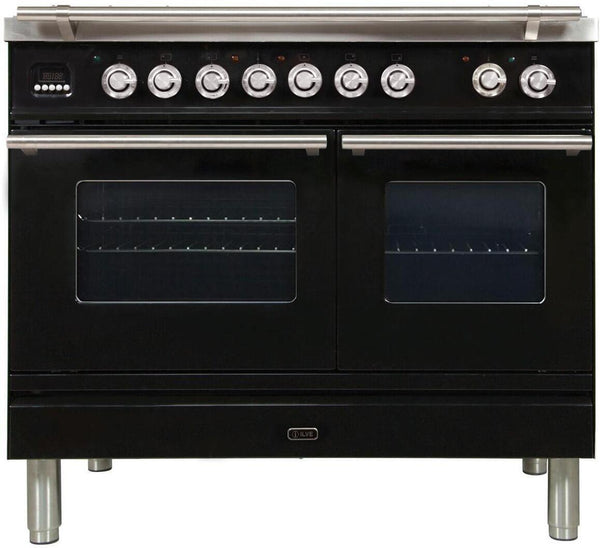 ILVE 40" Professional Plus Series Freestanding Double Oven Dual Fuel Range with 6 Sealed Burners in Glossy Black with Chrome Trim (UPDW1006DMPN)