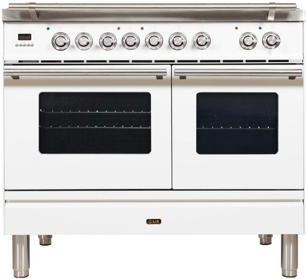 ILVE 40" Professional Plus Series Freestanding Double Oven Dual Fuel Range with 6 Sealed Burners in White with Chrome Trim (UPDW1006DMPB)