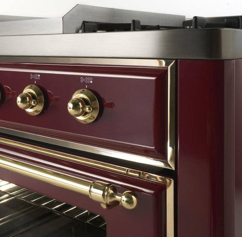 ILVE 48" Majestic II Dual Fuel Range with 8 Burners and Griddle - 5.02 cu. ft. Oven - Brass Trim in Burgundy (UM12FDNS3BUG)