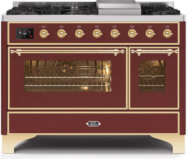 ILVE 48" Majestic II Dual Fuel Range with 8 Burners and Griddle - 5.02 cu. ft. Oven - Brass Trim in Burgundy (UM12FDNS3BUG)