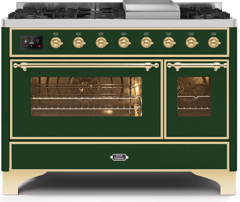 ILVE 48" Majestic II Dual Fuel Range with 8 Burners and Griddle - 5.02 cu. ft. Oven - Brass Trim in Emerald Green (UM12FDNS3EGG)