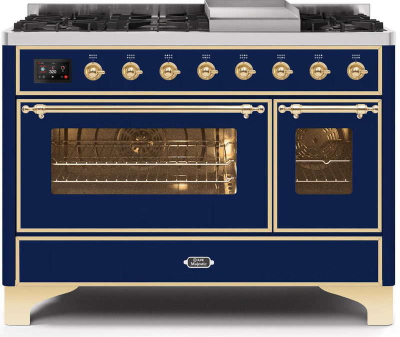 ILVE 48" Majestic II Dual Fuel Range with 8 Burners and Griddle - 5.02 cu. ft. Oven - Brass Trim in Midnight Blue (UM12FDNS3MBG)