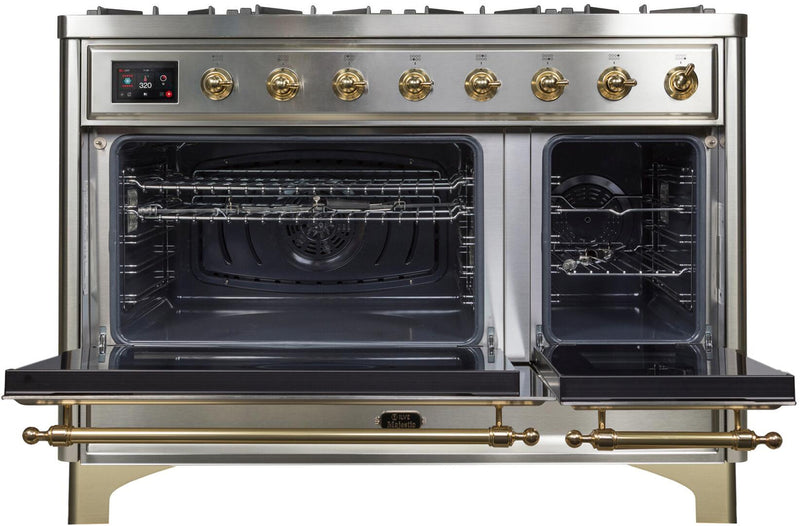 ILVE 48" Majestic II Dual Fuel Range with 8 Burners and Griddle - 5.02 cu. ft. Oven - Brass Trim in Stainless Steel (UM12FDNS3SSG)