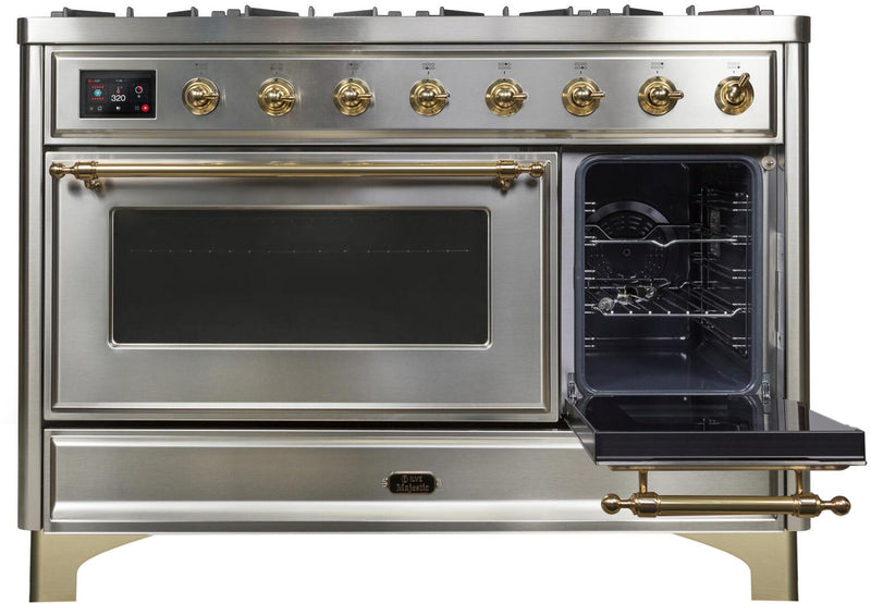 ILVE 48" Majestic II Dual Fuel Range with 8 Burners and Griddle - 5.02 cu. ft. Oven - Brass Trim in Stainless Steel (UM12FDNS3SSG)