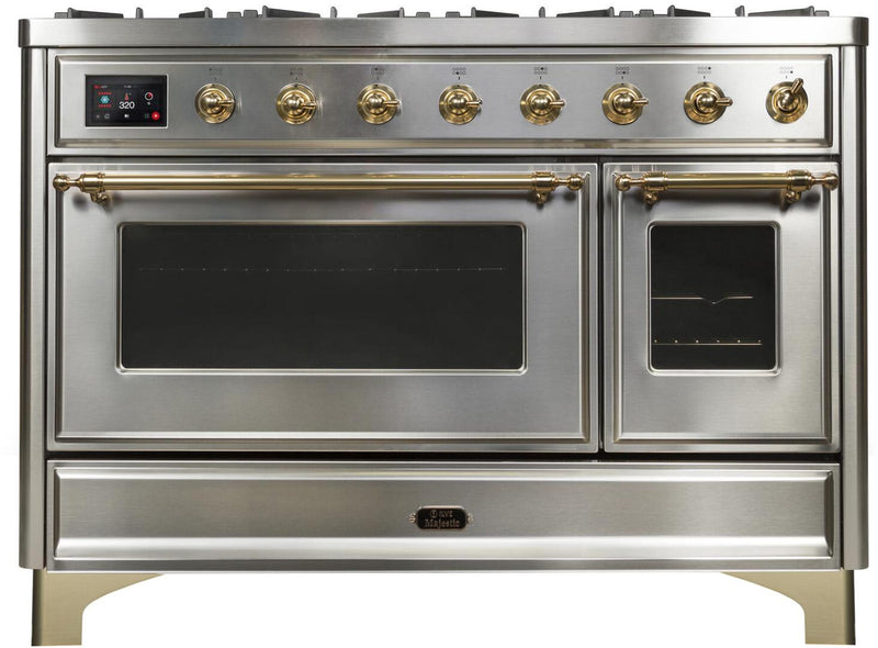 ILVE 48" Majestic II Dual Fuel Range with 8 Burners and Griddle - 5.02 cu. ft. Oven - Brass Trim in Stainless Steel (UM12FDNS3SSG)