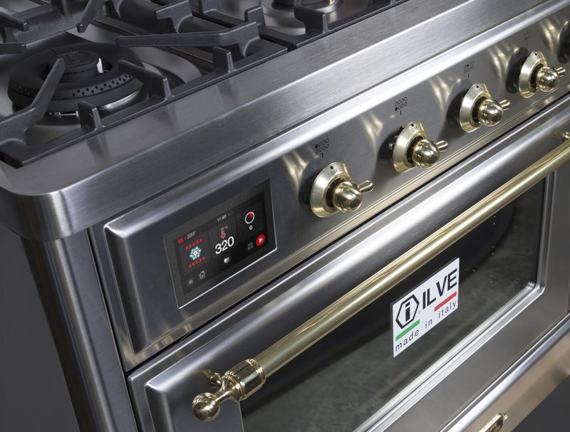 ILVE 48" Majestic II Dual Fuel Range with 8 Burners and Griddle - 5.02 cu. ft. Oven - Brass Trim in Stainless Steel (UM12FDNS3SSG)