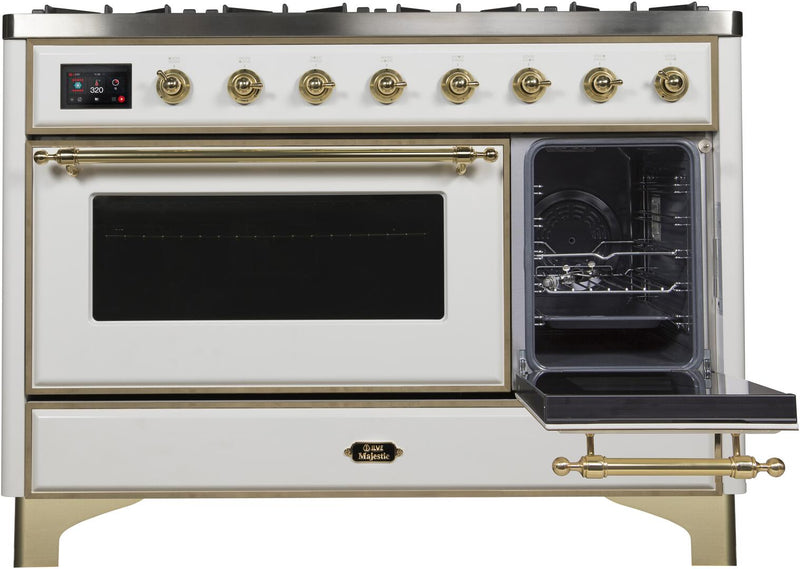 ILVE 48" Majestic II Dual Fuel Range with 8 Burners and Griddle - 5.02 cu. ft. Oven - Brass Trim in White (UM12FDNS3WHG)