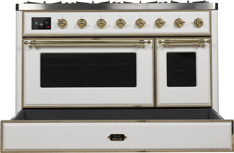 ILVE 48" Majestic II Dual Fuel Range with 8 Burners and Griddle - 5.02 cu. ft. Oven - Brass Trim in White (UM12FDNS3WHG)