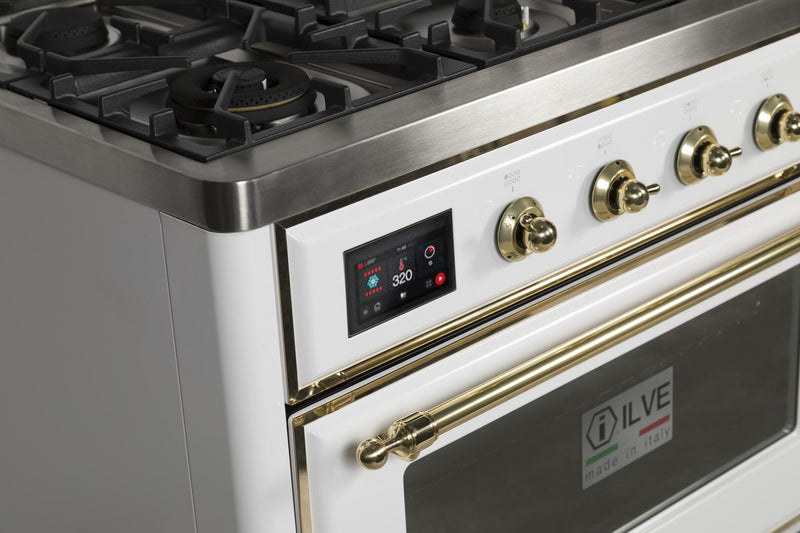 ILVE 48" Majestic II Dual Fuel Range with 8 Burners and Griddle - 5.02 cu. ft. Oven - Brass Trim in White (UM12FDNS3WHG)