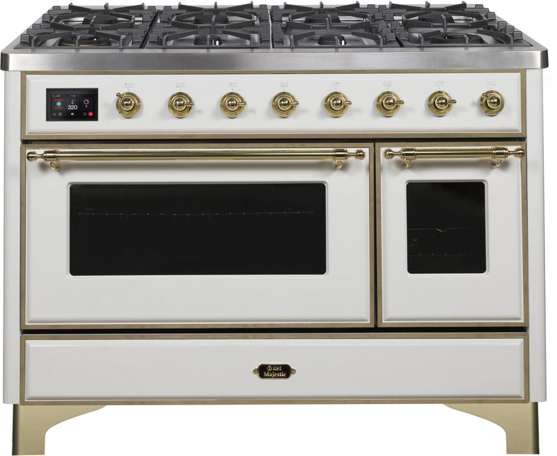 ILVE 48" Majestic II Dual Fuel Range with 8 Burners and Griddle - 5.02 cu. ft. Oven - Brass Trim in White (UM12FDNS3WHG)