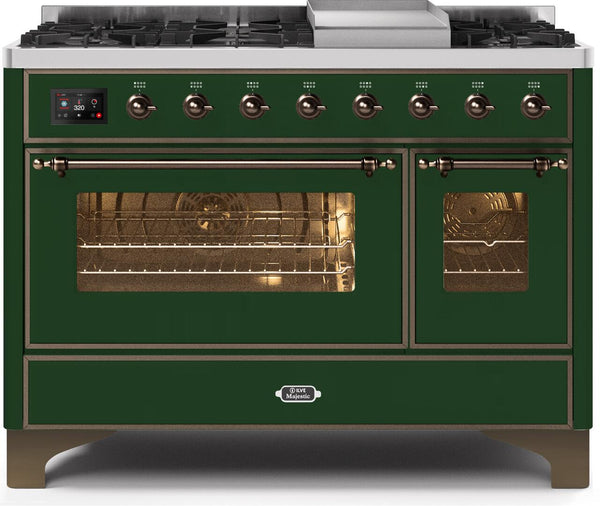 ILVE 48" Majestic II Dual Fuel Range with 8 Burners and Griddle - 5.02 cu. ft. Oven - Bronze Trim in Emerald Green (UM12FDNS3EGB)