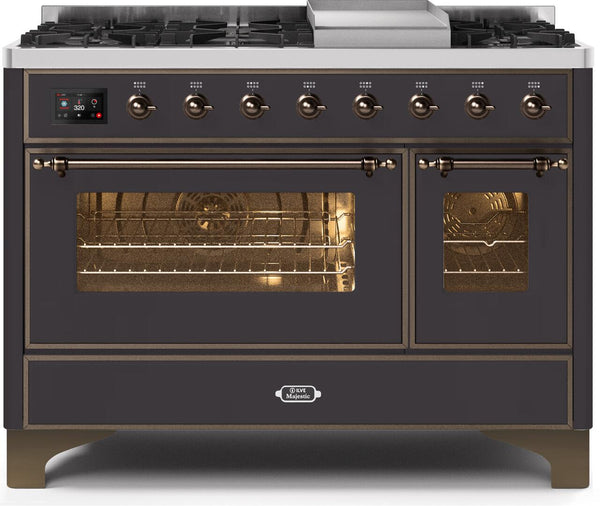 ILVE 48" Majestic II Dual Fuel Range with 8 Burners and Griddle - 5.02 cu. ft. Oven - Bronze Trim in Matte Graphite (UM12FDNS3MGB)