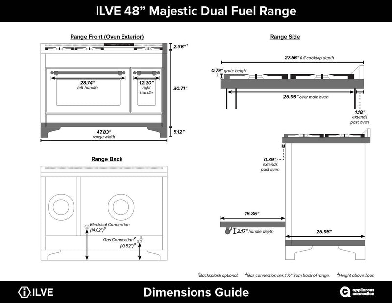 ILVE 48" Majestic II Dual Fuel Range with 8 Burners and Griddle - 5.02 cu. ft. Oven - Bronze in Midnight Blue (UM12FDNS3MBB)