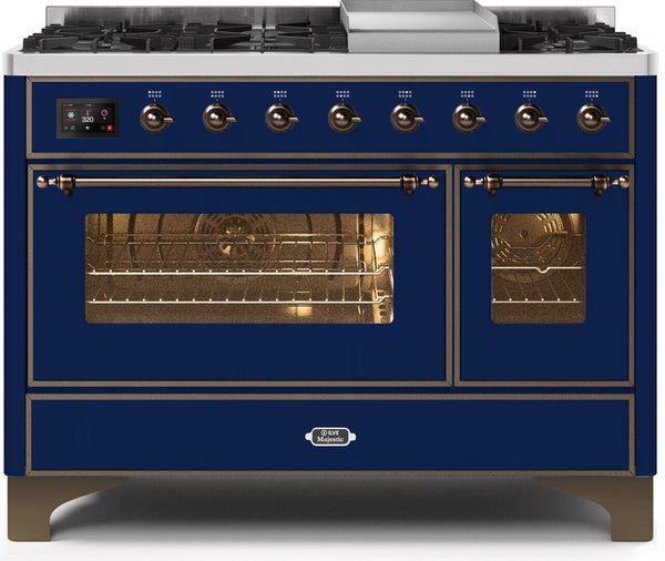 ILVE 48" Majestic II Dual Fuel Range with 8 Burners and Griddle - 5.02 cu. ft. Oven - Bronze in Midnight Blue (UM12FDNS3MBB)