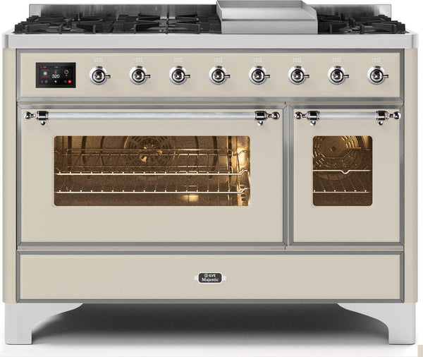 ILVE 48" Majestic II Dual Fuel Range with 8 Burners and Griddle - 5.02 cu. ft. Oven - Chrome Trim in Antique White (UM12FDNS3AWC)