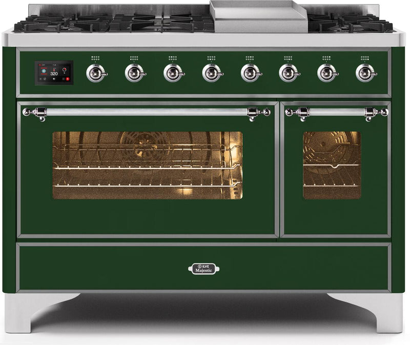 ILVE 48" Majestic II Dual Fuel Range with 8 Burners and Griddle - 5.02 cu. ft. Oven - Chrome Trim in Emerald Green (UM12FDNS3EGC)