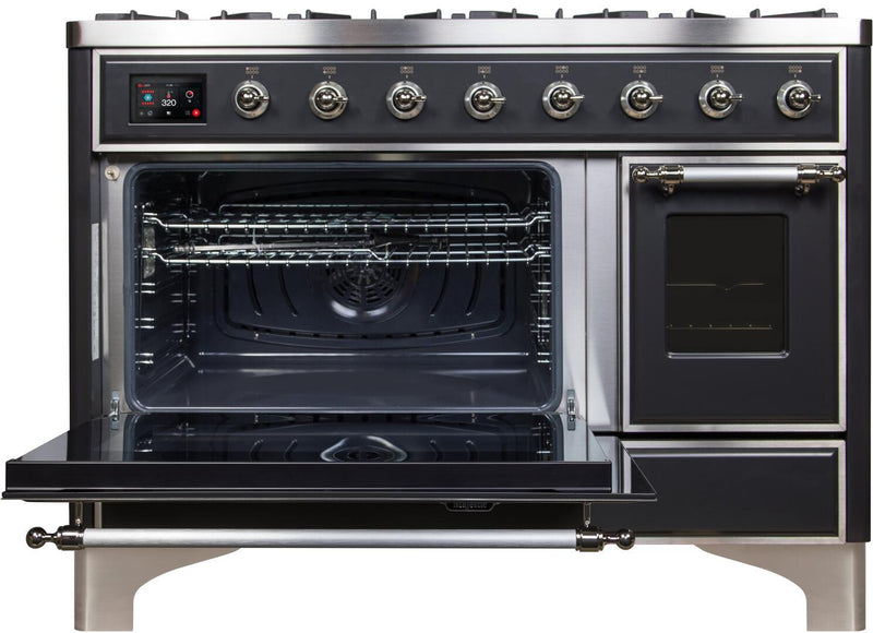 ILVE 48" Majestic II Dual Fuel Range with 8 Burners and Griddle - 5.02 cu. ft. Oven - Chrome Trim in Matte Graphite (UM12FDNS3MGC)