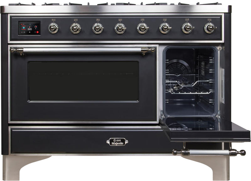 ILVE 48" Majestic II Dual Fuel Range with 8 Burners and Griddle - 5.02 cu. ft. Oven - Chrome Trim in Matte Graphite (UM12FDNS3MGC)