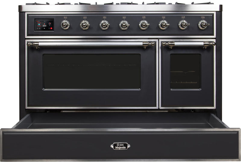 ILVE 48" Majestic II Dual Fuel Range with 8 Burners and Griddle - 5.02 cu. ft. Oven - Chrome Trim in Matte Graphite (UM12FDNS3MGC)