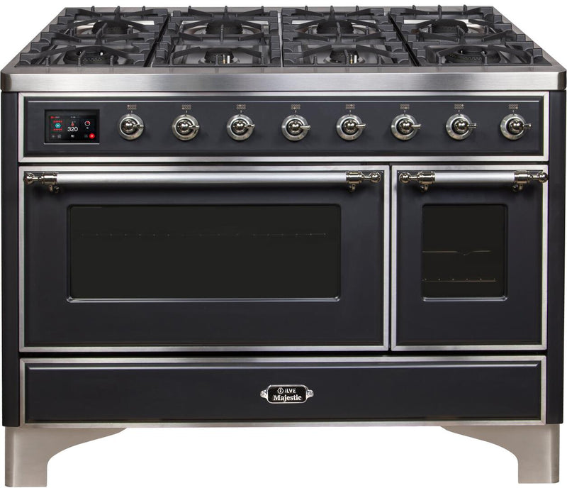 ILVE 48" Majestic II Dual Fuel Range with 8 Burners and Griddle - 5.02 cu. ft. Oven - Chrome Trim in Matte Graphite (UM12FDNS3MGC)