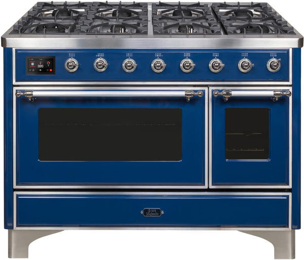 ILVE 48" Majestic II Dual Fuel Range with 8 Burners and Griddle - 5.02 cu. ft. Oven - Chrome Trim in Midnight Blue (UM12FDNS3MBC)