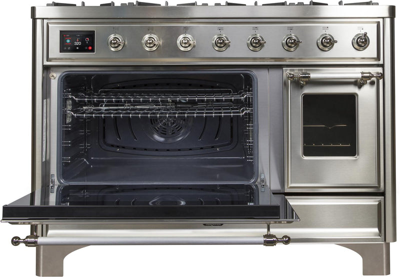 ILVE 48" Majestic II Dual Fuel Range with 8 Burners and Griddle - 5.02 cu. ft. Oven - Chrome Trim in Stainless Steel (UM12FDNS3SSC)