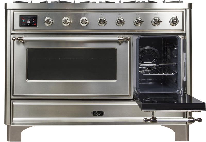 ILVE 48" Majestic II Dual Fuel Range with 8 Burners and Griddle - 5.02 cu. ft. Oven - Chrome Trim in Stainless Steel (UM12FDNS3SSC)