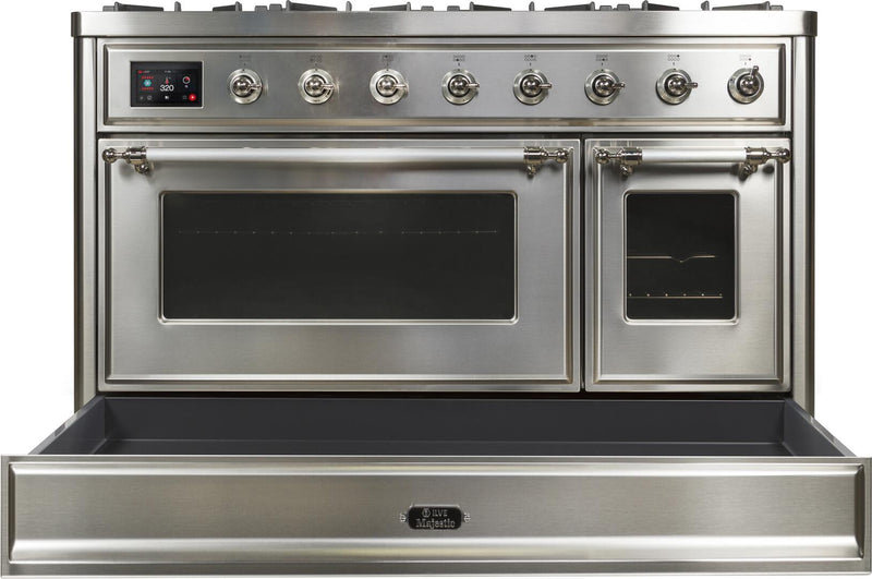 ILVE 48" Majestic II Dual Fuel Range with 8 Burners and Griddle - 5.02 cu. ft. Oven - Chrome Trim in Stainless Steel (UM12FDNS3SSC)