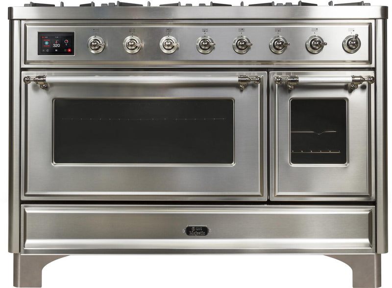 ILVE 48" Majestic II Dual Fuel Range with 8 Burners and Griddle - 5.02 cu. ft. Oven - Chrome Trim in Stainless Steel (UM12FDNS3SSC)