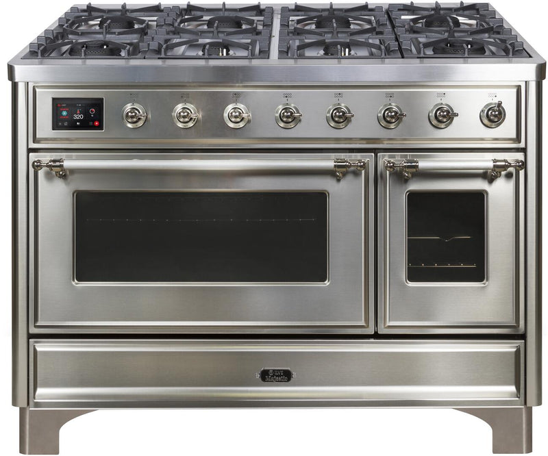 ILVE 48" Majestic II Dual Fuel Range with 8 Burners and Griddle - 5.02 cu. ft. Oven - Chrome Trim in Stainless Steel (UM12FDNS3SSC)