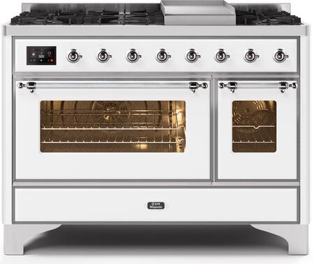 ILVE 48" Majestic II Dual Fuel Range with 8 Burners and Griddle - 5.02 cu. ft. Oven - Chrome Trim in White (UM12FDNS3WHC)